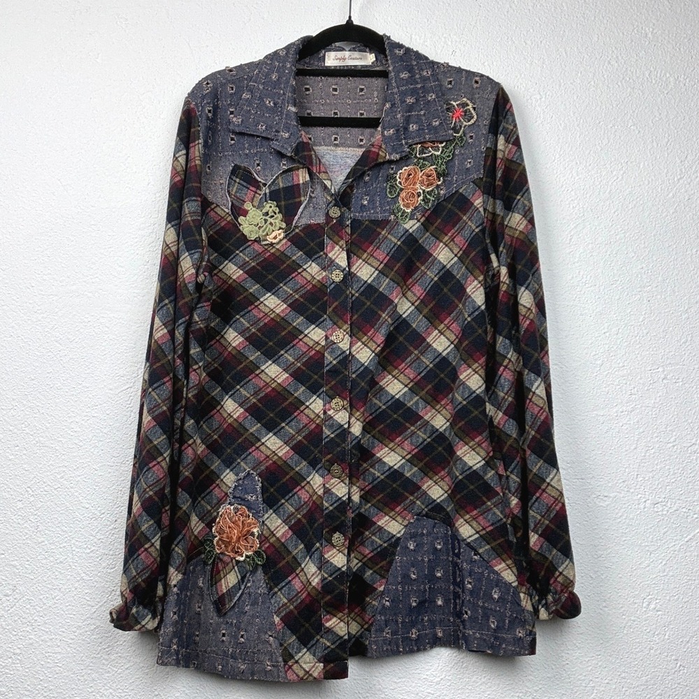 Simply Couture Multicolor Plaid Button Up - L - Floral Patchwork Boho Western